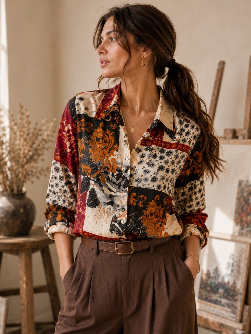Anthony Originals Patchwork Art Blouse Boho Statement Button Up Cotton Large